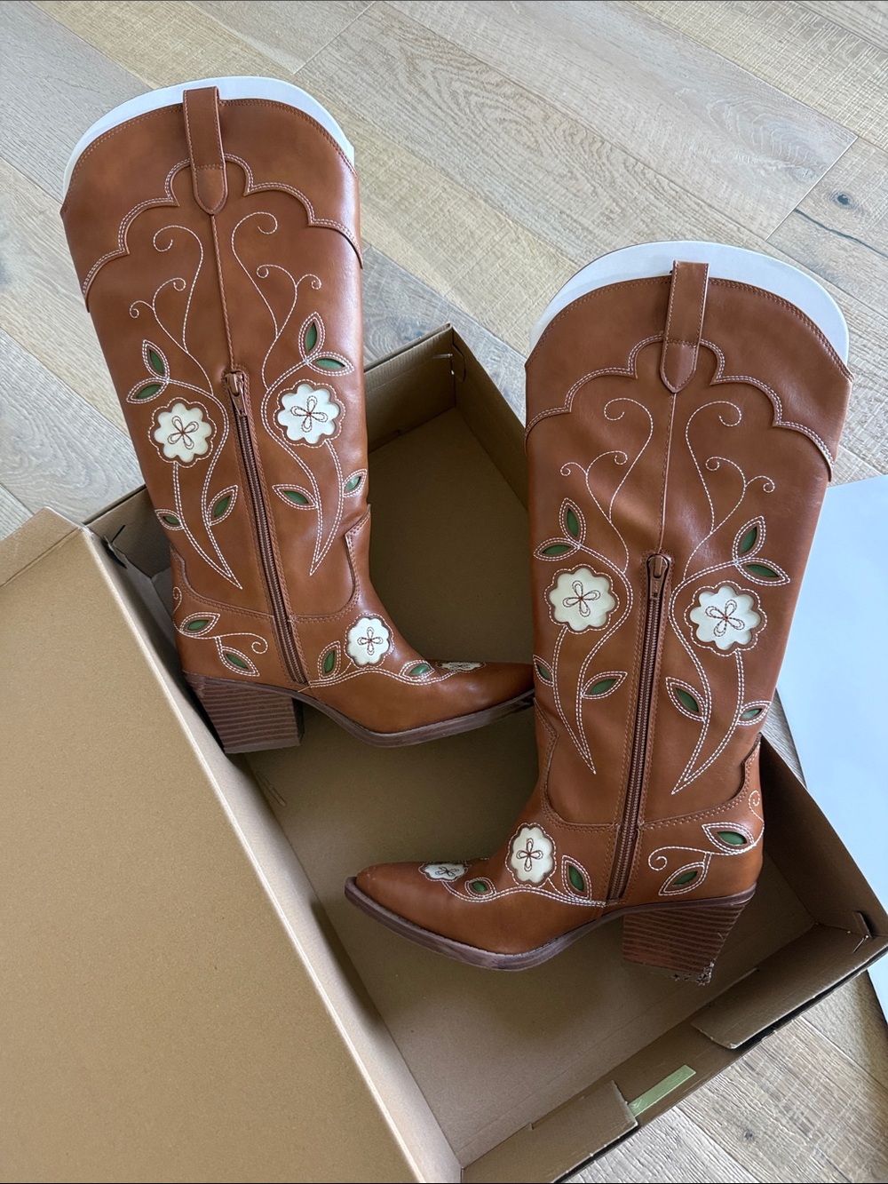 Embroidered Brown Western Knee-High Heeled Boots